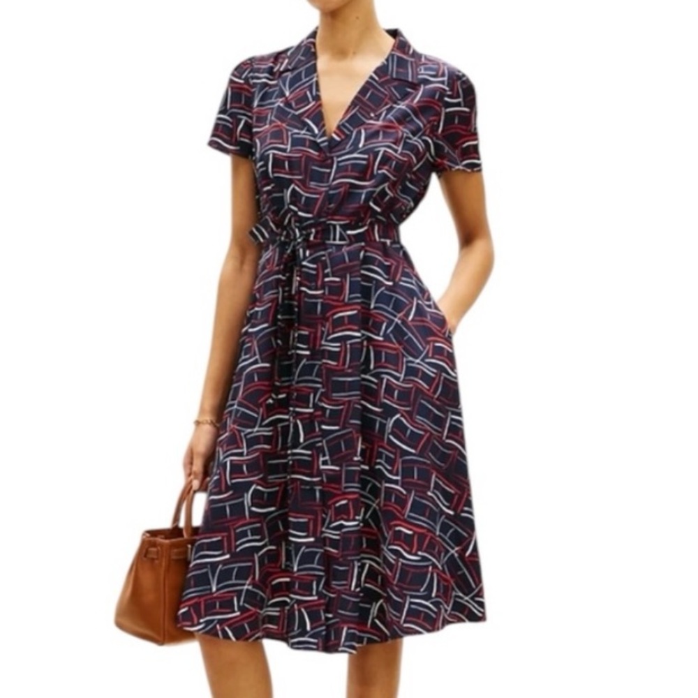 Tommy Hilfiger Navy/Red/White Fluid Printed Geometric Collared Shirt Dress 
S/P